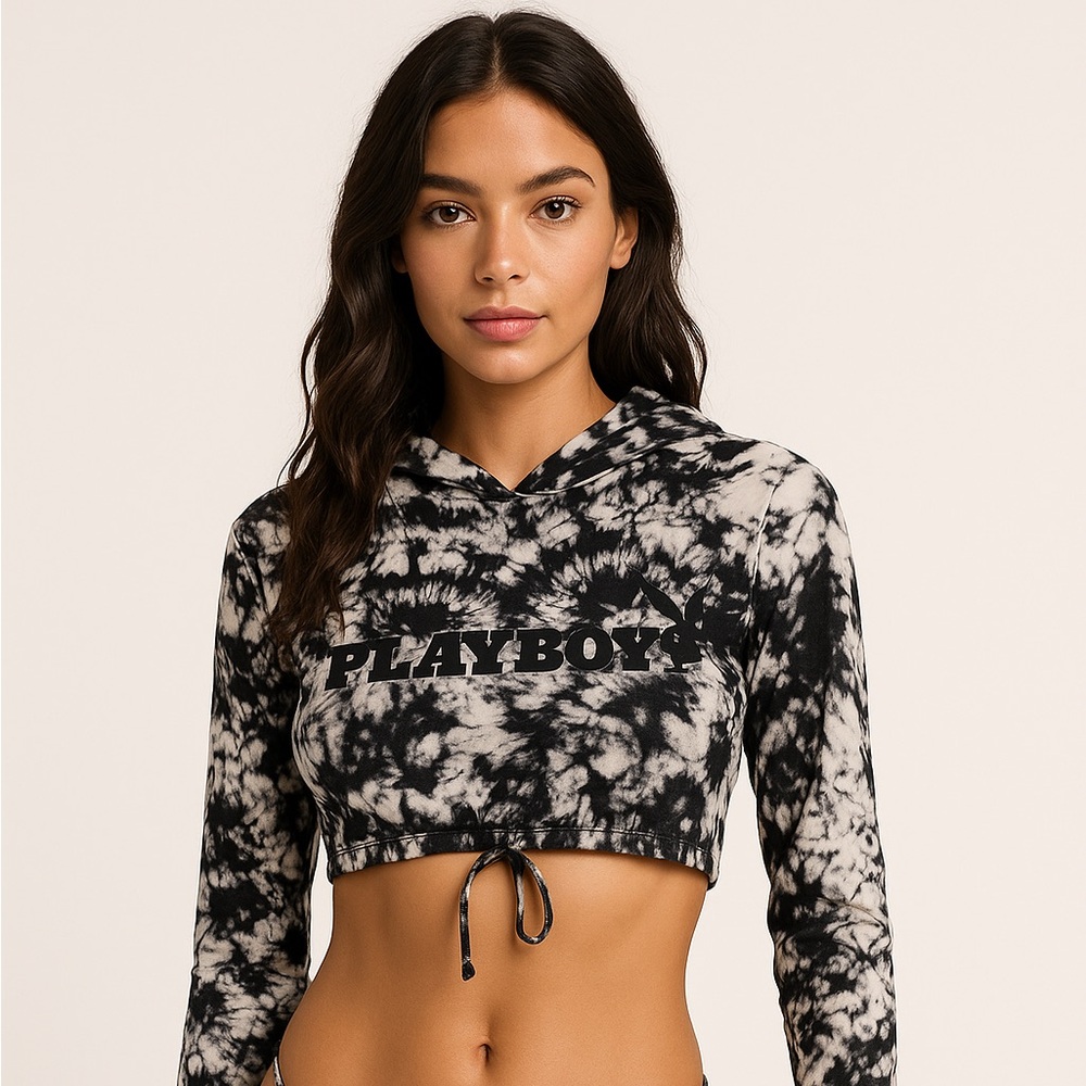 PLAYBOY Hoodie bathing suit top tie dye spandex crop rashguard sun protection